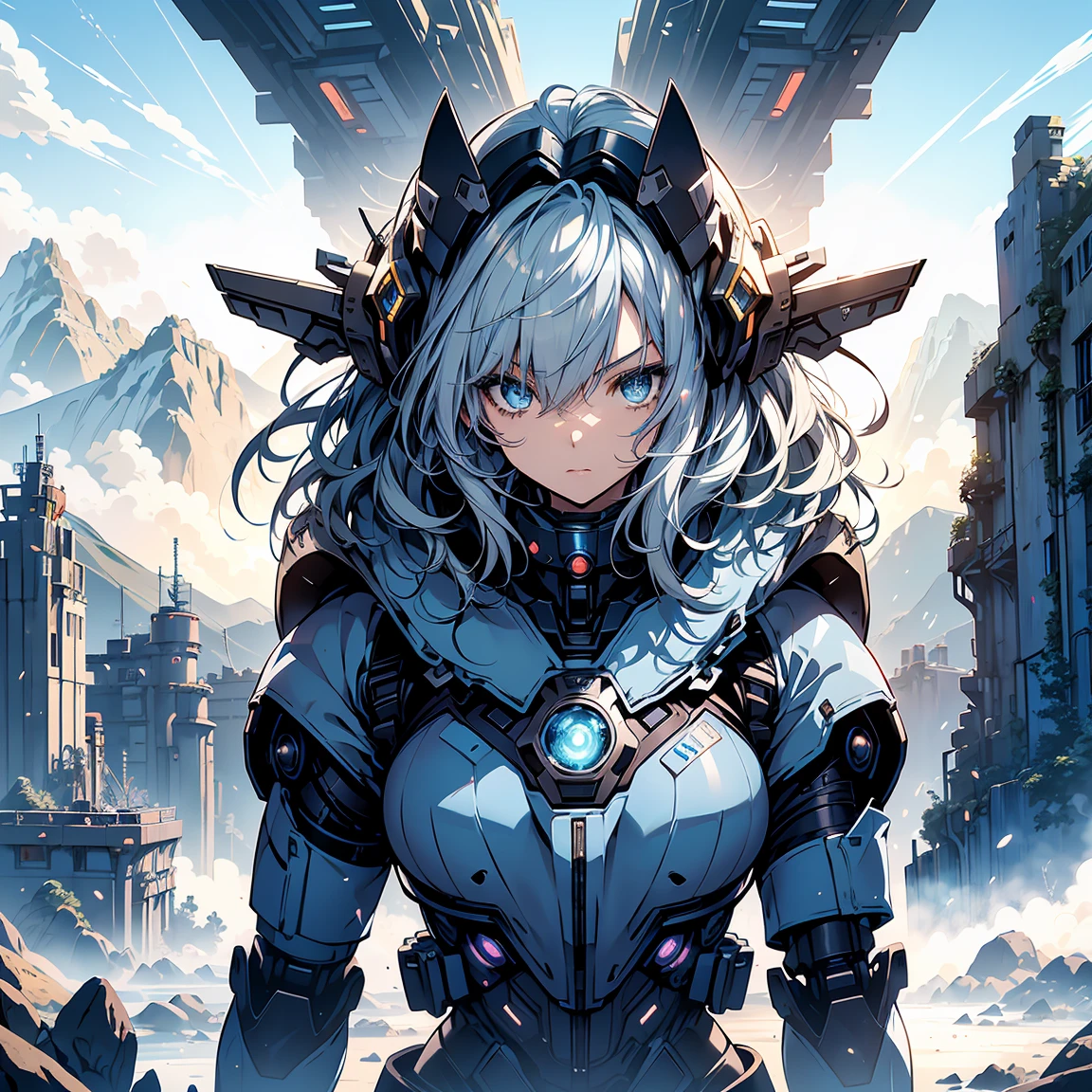 Anime, 2 characters, (1 teenage anime girl, silvery blue hair, bright blue star-shaped eyes); (1 Robot, Mech, Tall, Cape, Luminous Eyes, Rugged, Fantasy, Lights, outdated, old style, bronze silver), Nature, Biomes with mountains