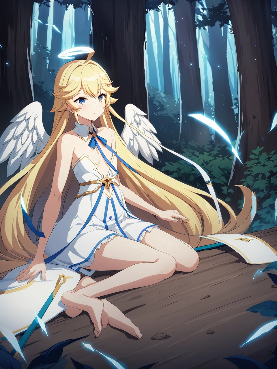 Zaora, blue eyes, (Variegated eyes:0.5), Blonde, Very long hair, Twin Blade, bangs, Ahoge, Hello, Angel, Flat Chest, White Dress, Belly button cutout, Detachable collar, Strapless, Neck ribbon, Bare shoulders, Angel wings, barefoot, One girl, Solo Break Space, forest, Depth of written boundary, Cinematic, masterpiece, Highest quality, Game CG