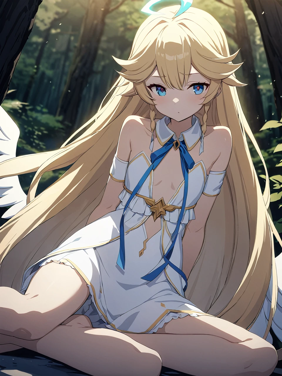 Zaora, blue eyes, (Variegated eyes:0.5), Blonde, Very long hair, Twin Blade, bangs, Ahoge, Hello, Angel, Flat Chest, White Dress, Belly button cutout, Detachable collar, Strapless, Neck ribbon, Bare shoulders, Angel wings, barefoot, One girl, Solo Break Space, forest, Depth of written boundary, Cinematic, masterpiece, Highest quality, Game CG