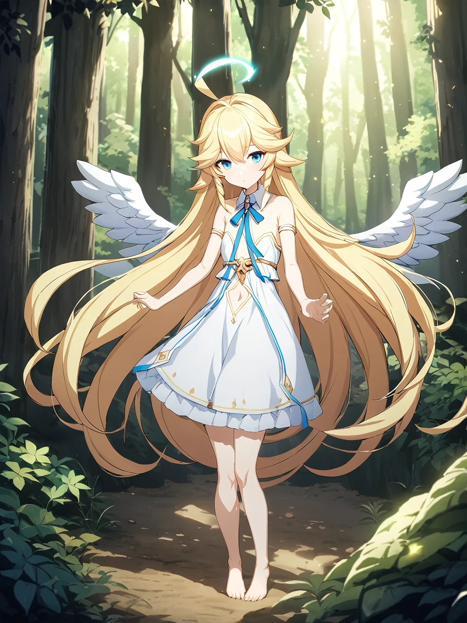 Zaora, blue eyes, (Variegated eyes:0.5), Blonde, Very long hair, Twin Blade, bangs, Ahoge, Hello, Angel, Flat Chest, White Dress, Belly button cutout, Detachable collar, Strapless, Neck ribbon, Bare shoulders, Angel wings, barefoot, One girl, Solo Break Space, forest, Depth of written boundary, Cinematic, masterpiece, Highest quality, Game CG