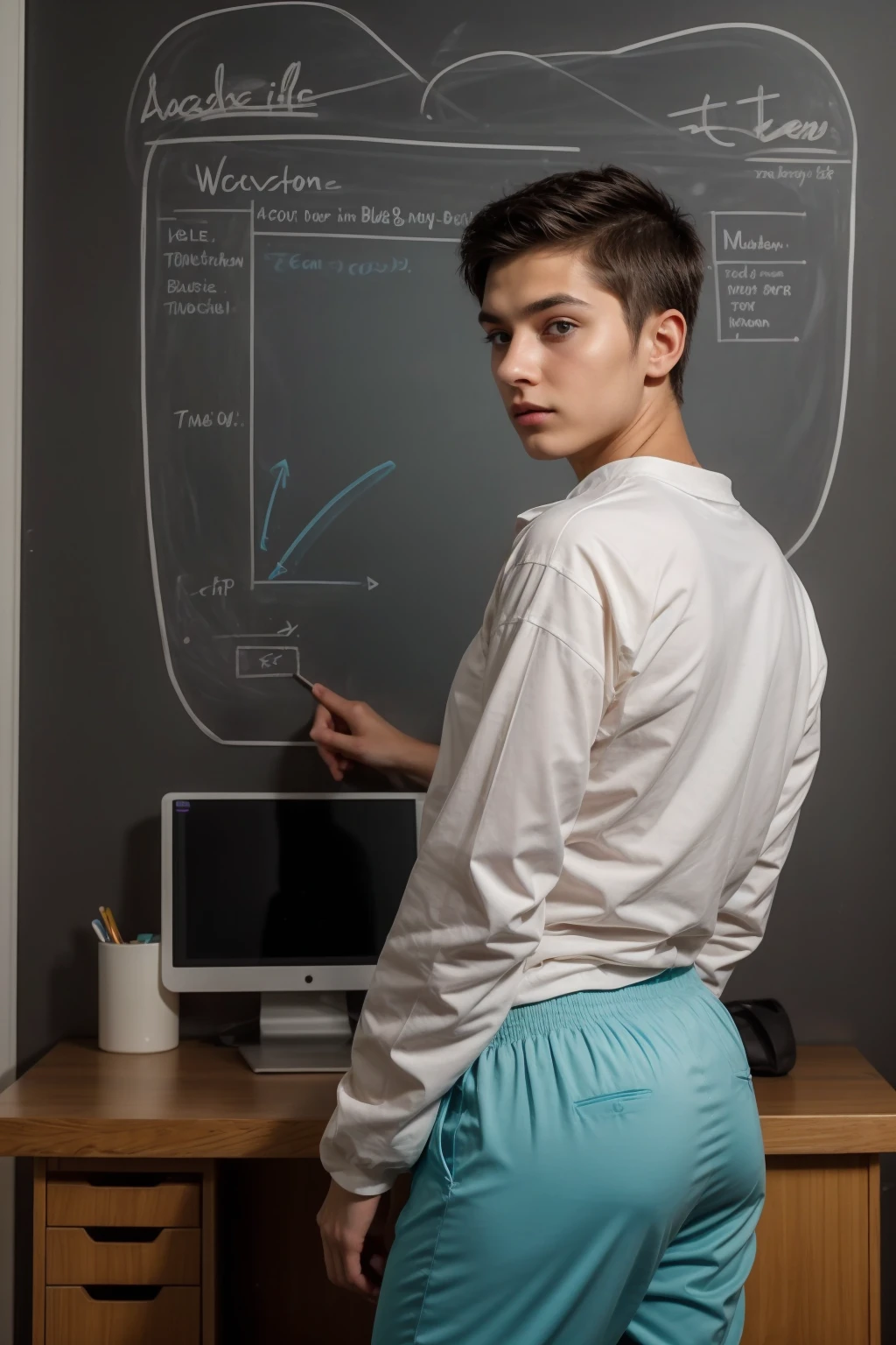 A beautiful young male twink, cute, with black hair and a face with makeup, wearing a bright white long-sleeved shirt and aqua blue pants, and he is in his office, and behind him is a blackboard on which is written the shape of the brain and its anatomy, and nuclear energy comes out of it, and he has a face with makeup and cheeks.  Shiny