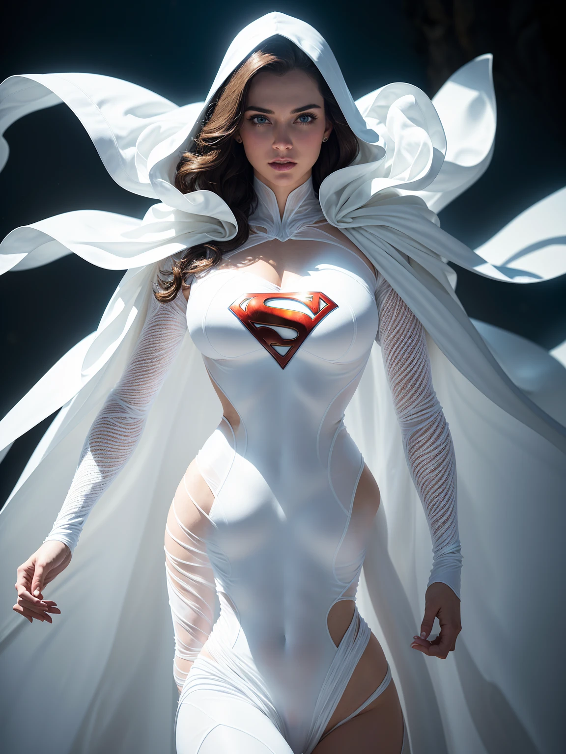 A white woman dressed in an elaborate Superman costume,White long sleeves, covered all over the body,V-neck clothes,Bare chest, Vivid colors, dramatic lighting, White cloak , Movie costumes, White carbon fiber detail suit,The belly is transparent and silky, (Intricate details:0.9), (hdr, ultra - detailed:1.2), (Natural skin texture, hyper photorealism, Soft light, Sharp