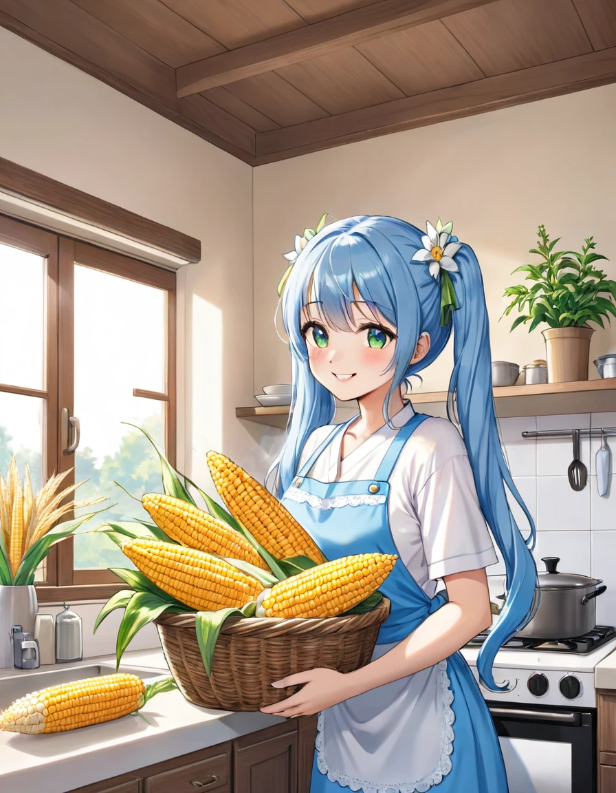 A kitchen decorated with lots of margaret flowers、Corn is piled in a basket、Light blue long hair、Beautiful girl with twin tails、Smiling while cooking corn dishes、The girl has corn、Kitchen bathed in morning sun
