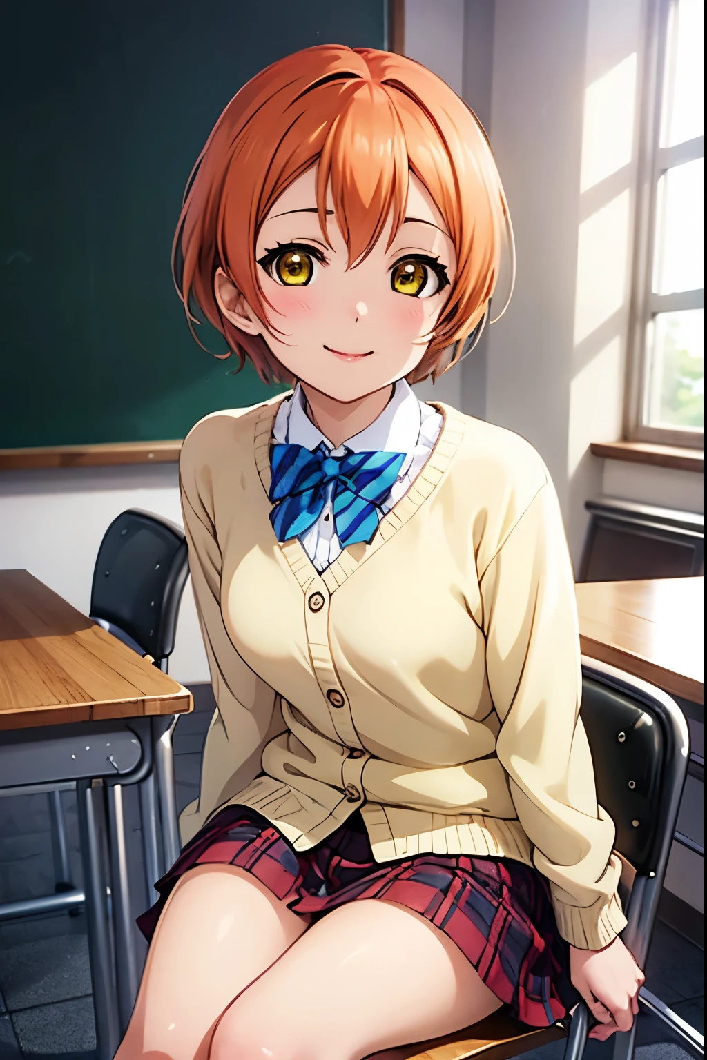 Highest quality, masterpiece,smile、(Anime illustration style:1.2),hoshizora_rin,classroom、椅子にsit、Light orennji colored hair、Closed Mouth、Fluttering skirt、(Genuine、Realistic、Realistic:1.10)、High resolution、超High resolution、Ultra-fine painting、Sharp focus、Physically Based Rendering,(Moe:1.10)、sit、
