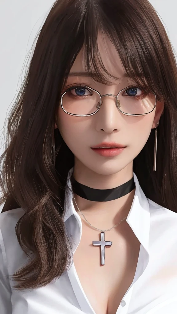 (masterpiece),(best quality),(ultra highres),(8k resolution),(realistic),(ultra detailed),(sharp focus),(RAW photo),
1girl,good hand,(long hair),(wavy hair),(hair over one eye),glasses,(choker),(cross necklace),(earrings),(sapphire eyes),(nearly torn white shirt:1.6),(ahegao),(blush:0.5), ((頭から足まで:1.5))