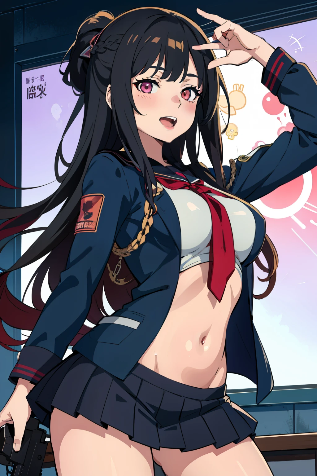 ak12, 1girl,  black hair, medium breasts, bangs, open eyes, long hair, blush, lipstick,, masterpiece, best quality, highly detailed, a anime girls in sailor uniforms with a gun posing for a picture,
evil smile, smile, open mouth,black_serafuku, ecchi anime style, anime girls , (nsfw) not safe for work,
ecchi style, ecchi, shipgirls, digital anime art!!, high school girls, holding a gun, hold a gun, anime style 4
k, micro skirt, exposed belly, exposed navel, exposed midriff,
exposed lower belly,school, classroom, 