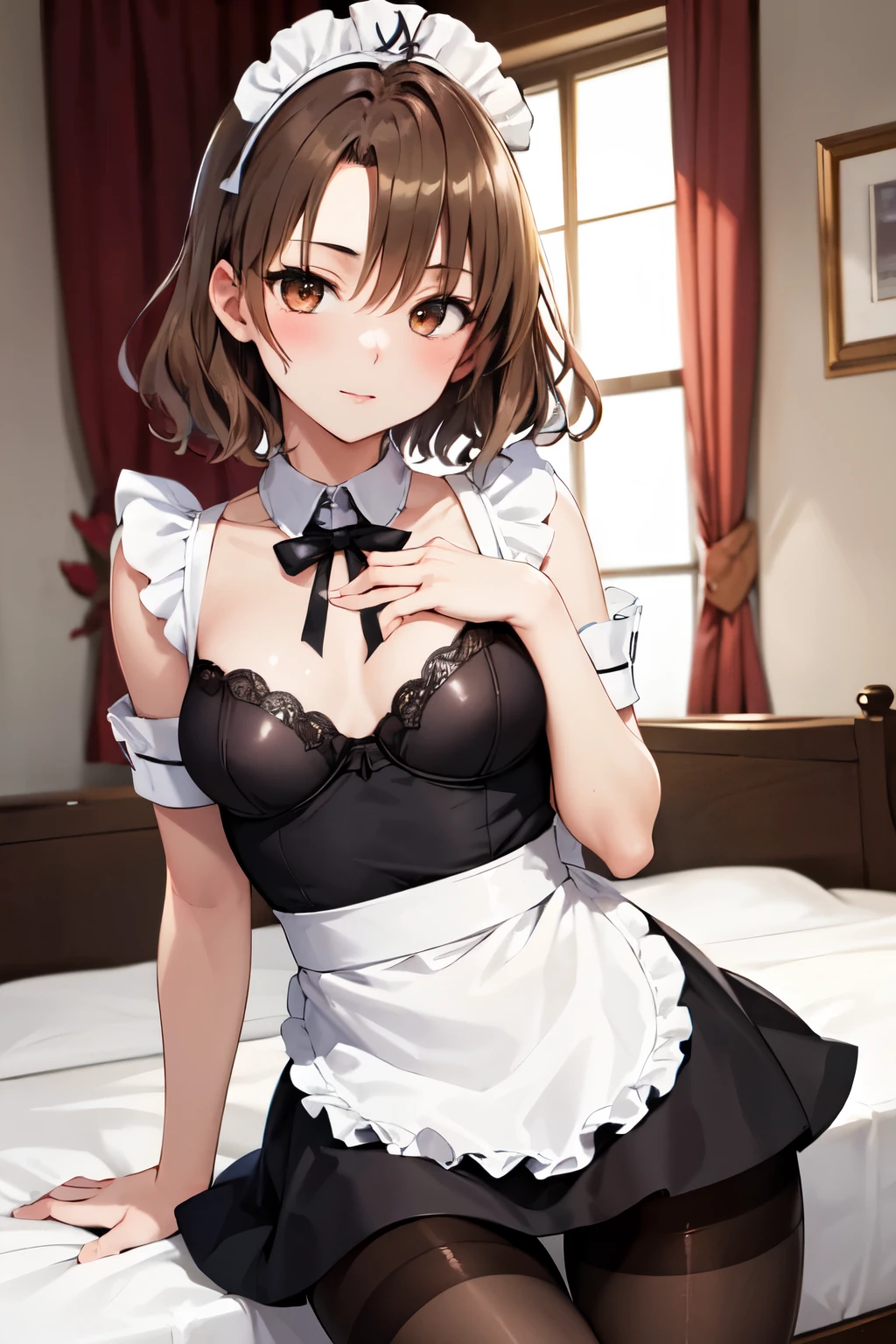 masterpiece, Highest quality, High resolution, One girl, alone, short hair, Brown Hair, Brown eyes, ((chest)), Bedroom、((Black underwear))、((pantyhose))、(Maid clothes)