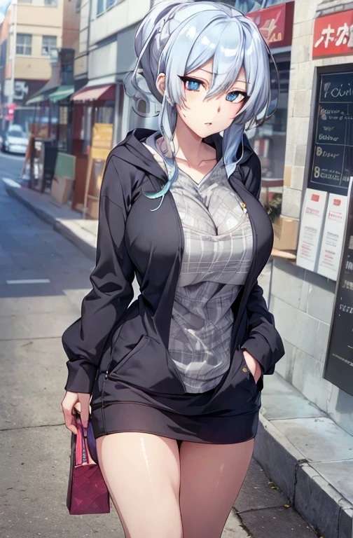 Yukino, Wearing a black hoodie,Silver hair and eyes, Cute girl anime visual, Animated movie screenshots, & Her expression is serious., In animation, In anime, Animated visual of a young woman, She has a cute expression, Anime Stills, (((Full and soft breasts,)))(((Huge breasts))) (((Cleavage))) Perfect breasts