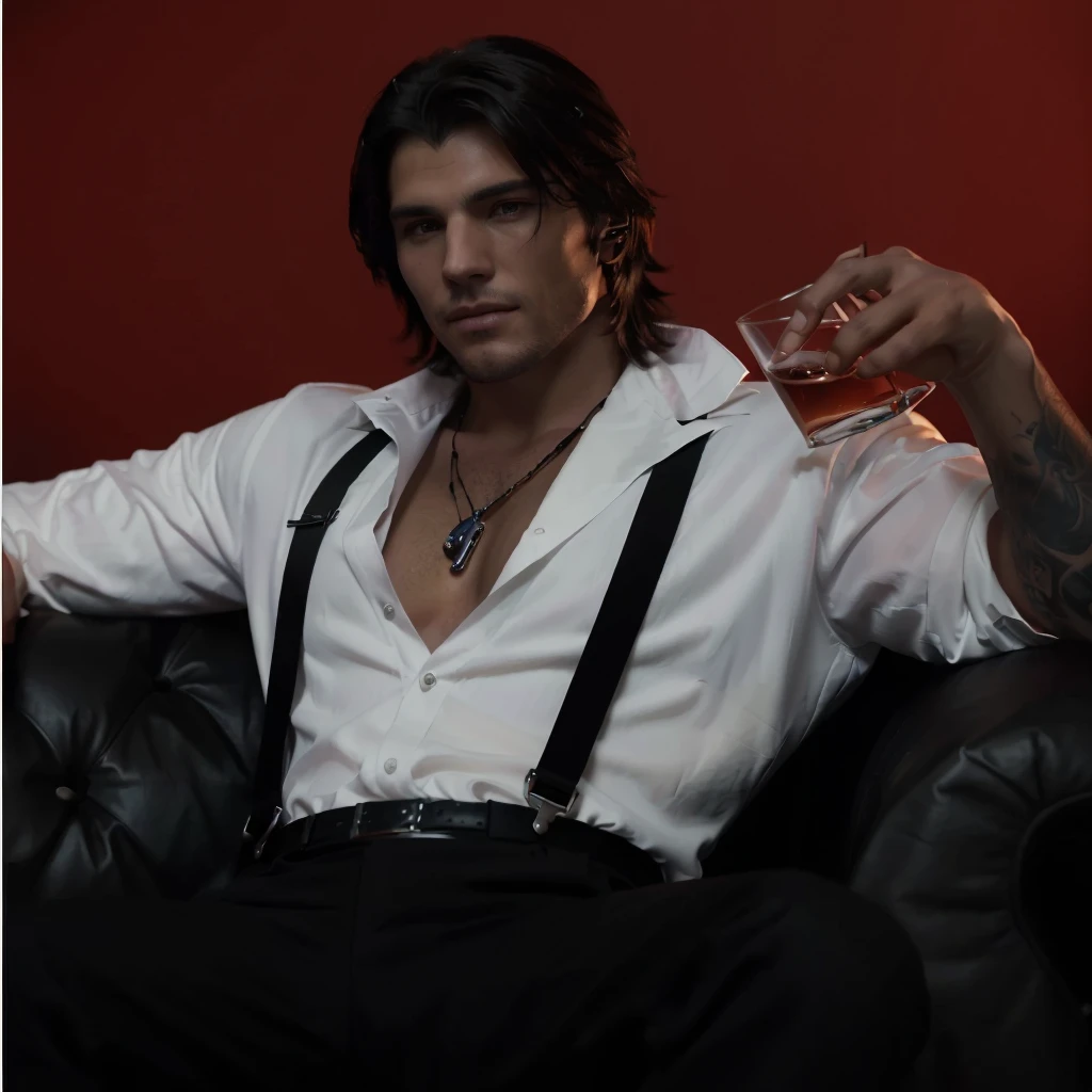 a black and white photo of a man sitting on a couch holding a glass, handsome guy in demon slayer art, sylas, handsome male vampire, epic and classy portrait, male vampire, commission for high res, jesse mccree, jacen solo, male art, artstation mans aesthetic, style of charlie bowater, as a character in tekken, neo noir style, (8k, best quality, masterpiece:1.2), (realistic, photo-realistic:1.2).
