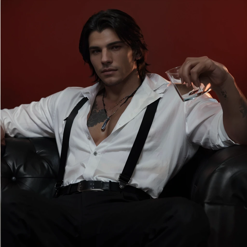 a black and white photo of a man sitting on a couch holding a glass, handsome guy in demon slayer art, sylas, handsome male vampire, epic and classy portrait, male vampire, commission for high res, jesse mccree, jacen solo, male art, artstation mans aesthetic, style of charlie bowater, as a character in tekken, neo noir style, (8k, best quality, masterpiece:1.2), (realistic, photo-realistic:1.2).