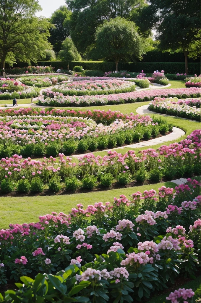 A cake of people planting in a flowering garden full of life