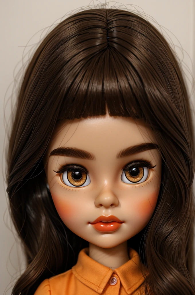 blythe doll with dark brown wavy hair, light medium skin tone, orange lips, brow eyes, no bangs, full lips