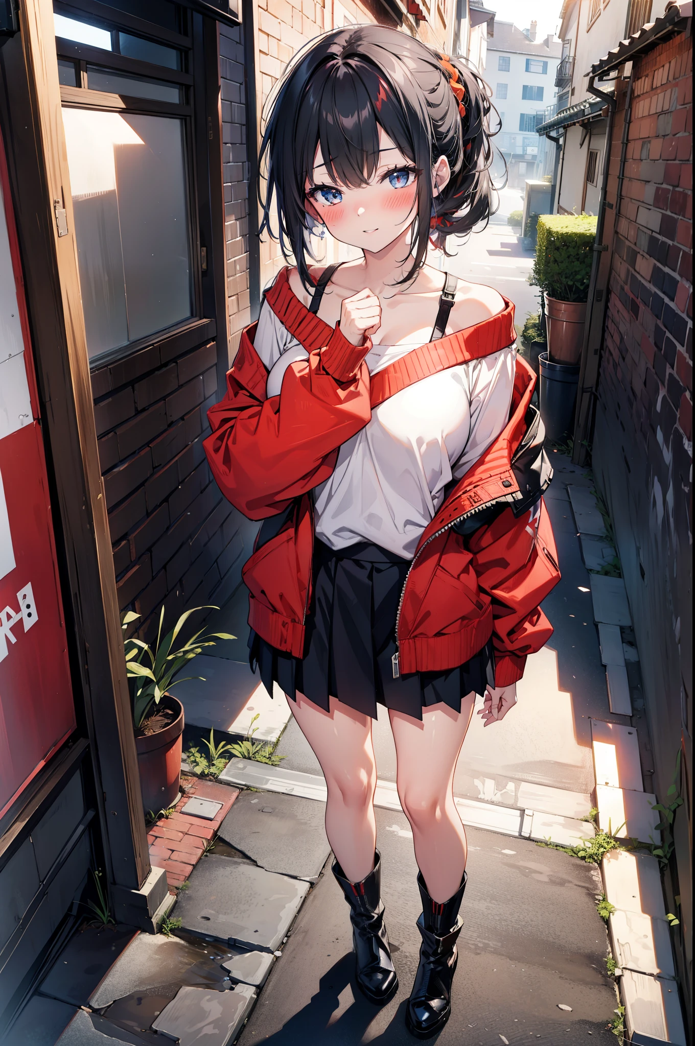 Rikka body, Affluent backstreets, Black Hair, blue eyes, Long Hair, rist scrunchie,happy smile, smile, Open your mouth,blush,Oversized red one-shoulder sweater,mini skirt,short boots,Walking,So that the whole body goes into the illustration,morning,morning陽,The sun is rising,
Destroy outdoors, Building district,
壊す looking at viewer, Systemic
break (masterpiece:1.2), Highest quality, High resolution, unity 8k wallpaper, (figure:0.8), (Beautiful attention to detail:1.6), Highly detailed face, Perfect lighting, Highly detailed CG, (Perfect hands, Perfect Anatomy),