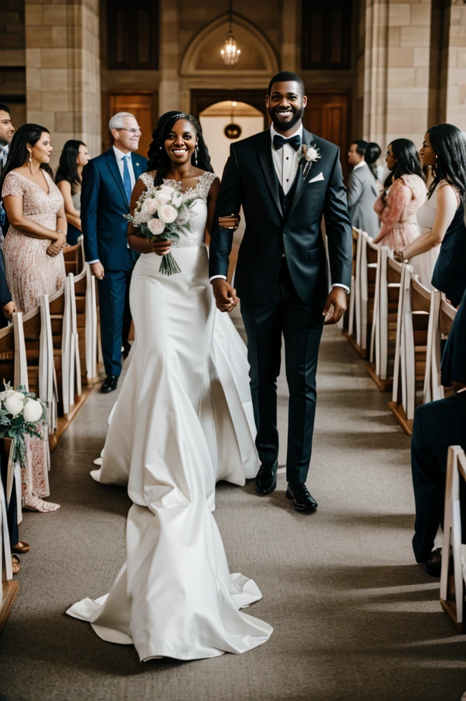 A black couple walking down the aisle 