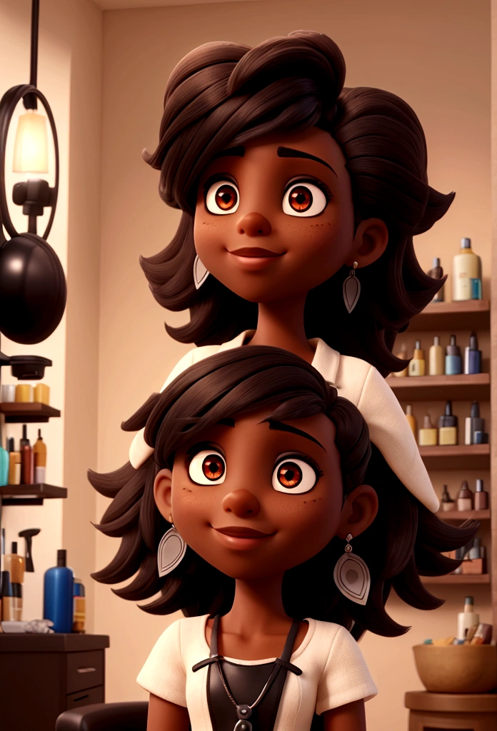 
A dark-skinned hairdresser, holding scissors, with dark hair