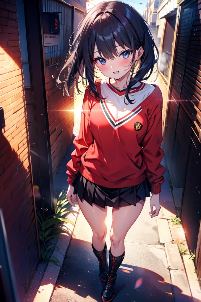 Rikka body, Affluent backstreets, Black Hair, blue eyes, Long Hair, rist scrunchie,happy smile, smile, Open your mouth,blush,Oversized red one-shoulder sweater,mini skirt,short boots,Walking,So that the whole body goes into the illustration,morning,morning陽,The sun is rising,
Destroy outdoors, Building district,
壊す looking at viewer, Systemic
break (masterpiece:1.2), Highest quality, High resolution, unity 8k wallpaper, (figure:0.8), (Beautiful attention to detail:1.6), Highly detailed face, Perfect lighting, Highly detailed CG, (Perfect hands, Perfect Anatomy),