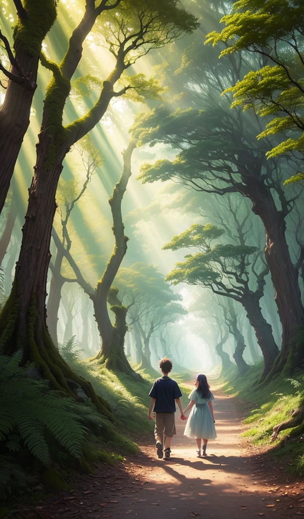(anime, digital paint, enchanted forest background, vibrant colors, sunlight filtering through trees, 1 boy and 1 girl happy children walking hand in hand on a mossy path, dense foliage all around, sense of wonder and adventure)