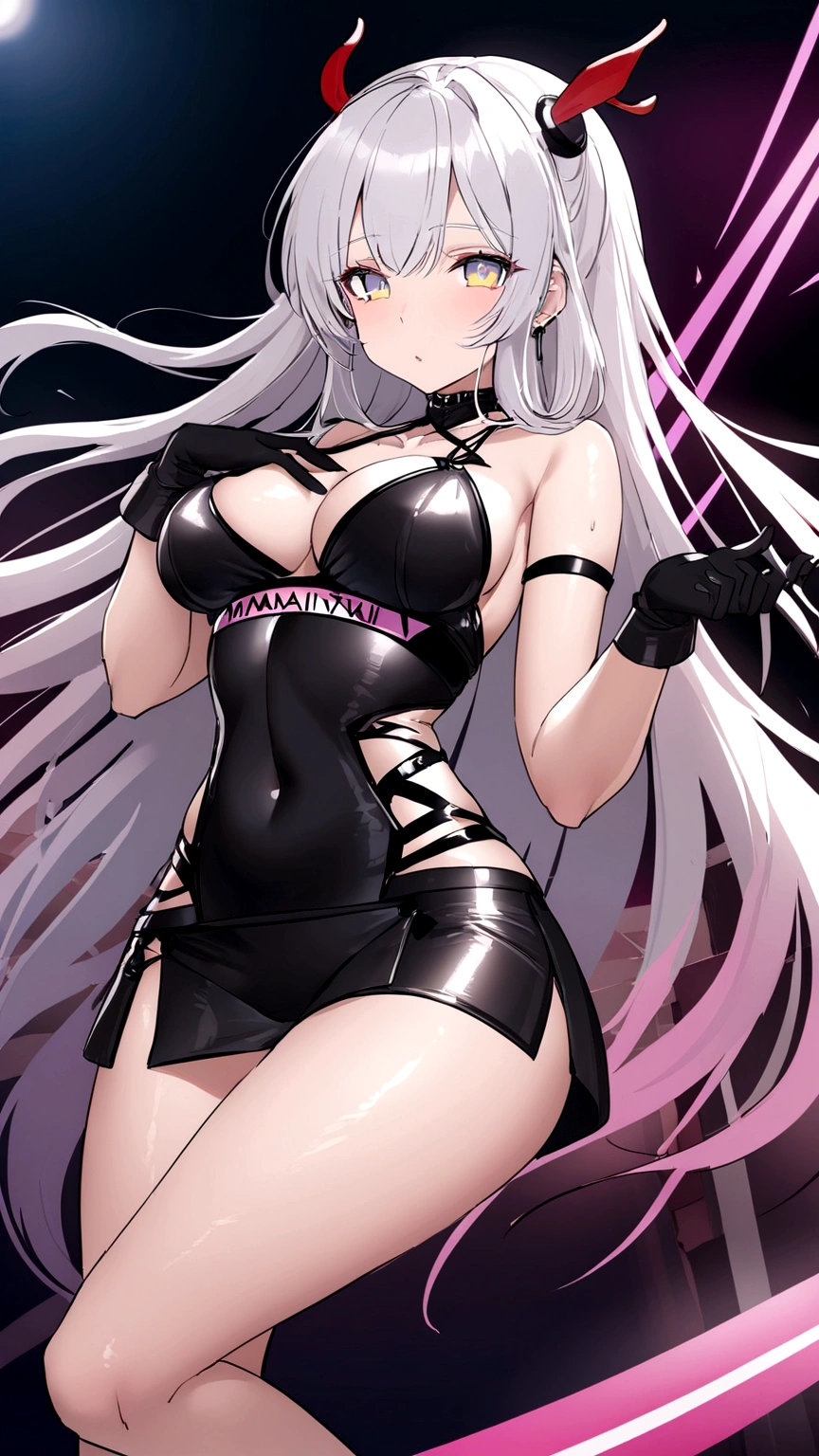 最high qualiy、best quality image、work of art、with a girl((cute、20 years old、Better bust、medium bust、bust 85,gorgeous blue eyes、Open your chest wide,long black hair、苗条、black sports bra、white short skirt,Show your whole body、Perforated black gloves、dance))high qualiy、linda arte、fund((club house、cyan lighting、Multiple purple laser dots、clube de fitness、natta、virtual)),tabletop、exquisite design、visual arts、Written limit depth、better lighting、higher detail、8k
