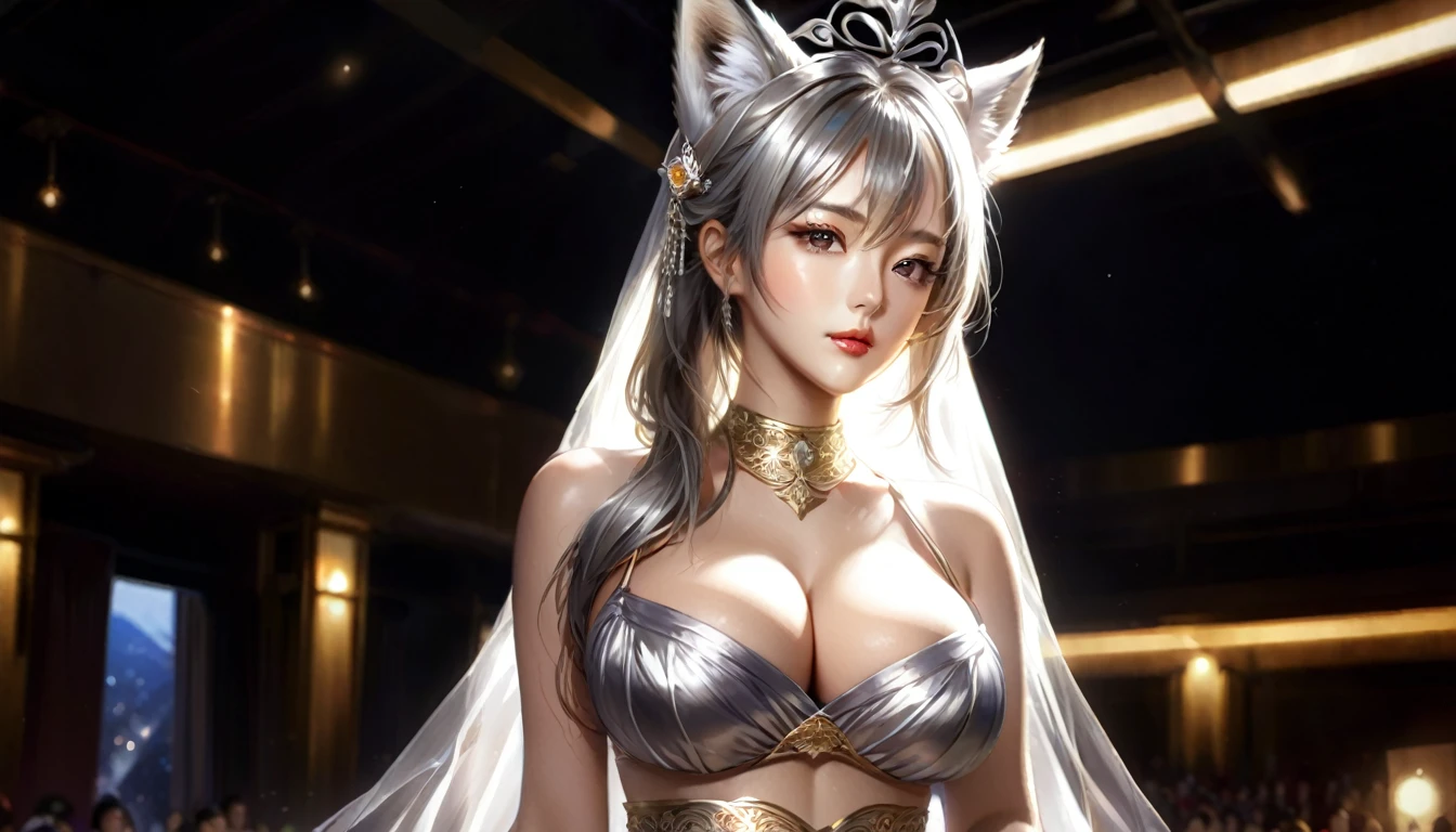 Woman in a golden transparent dress,Viewer,(((Huge breasts, Keeley University))),Slim waist,(Navel exposed,Bare waist), Long hair, extreme detailed details,High-end real site, Heavy rain scene, Detailed fantasy art, Stunning character art, Beautiful and exquisite character art, Beautiful gold and silver armor, Very detailed, Girl in Shining Armor, Exquisite headpieces and jewellery,Crystal jewelry filigree, galaxy, Stunning visuals, (Dynamic Stripes, light rail:1.2), Vibrant colors,Long hair动漫女孩和fox, Beautiful platinum fox lady, 白毛fox, Beautiful character painting, Beautiful anime portrait, fox耳朵的女孩, a beautiful fox woman, Mystical artwork, Guweiz, by Ren Renfa, fox, Large Breasts，Full breasts，Golden ratio figure，Perfect body，Ultra wide-angle shooting，Full body shot，Body close-up，Full body shot，Look at the audience，Wearing a tulle bikini，Soft anime illustration, Soft dark background，Fujifilm XT3 Clear focus, f 5.6, High Detail, Clear focus, Dramatic, (Wearing openwork clothing), (Looking at the audience:1.8), (Natural light), (Tempting)translucent, Good velvet quality, Compared, Divine Light,, Silver gray hair, Sky background, Absolute Strength,Female angels，Girl in sexy silk,，Large Breasts，Full breasts，Golden ratio figure，Perfect body，Ultra wide-angle shooting，Full body shot，Body close-up，Full body shot，Look at the audience，, Wearing a tulle bikini, Model shooting style, Large Breasts，Full breasts，Golden ratio figure，Perfect body，(Extremely detailed CG 8k wallpaper unit), The most beautiful artistic photos in the world, , 8K Ultra HD, soft light, high quality, Film Grain, Fujifilm XT3 Clear focus, f 5.6, High Detail, Clear focus, Dramatic, (Wearing openwork clothing), (Looking at the audience:1.8), (Natural light), (Tempting) Lying on your side in bed，Lazy gesture，Charming and seductive expression，best quality,masterpiece,Ultra-high resolution,(Practical:1.4),original photo,Ultra-high resolution，8K，There was a woman，White skin，Exquisite makeup，Big Wave，Black skirt，High heel，Long legs，Bright beautiful eyes，用紫色眼影打造Exquisite makeup，Large hoop earrings，