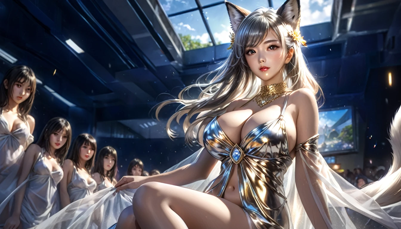 Woman in a golden transparent dress,Viewer,(((Huge breasts, Keeley University))),Slim waist,(Navel exposed,Bare waist), Long hair, extreme detailed details,High-end real site, Heavy rain scene, Detailed fantasy art, Stunning character art, Beautiful and exquisite character art, Beautiful gold and silver armor, Very detailed, Girl in Shining Armor, Exquisite headpieces and jewellery,Crystal jewelry filigree, galaxy, Stunning visuals, (Dynamic Stripes, light rail:1.2), Vibrant colors,Long hair动漫女孩和fox, Beautiful platinum fox lady, 白毛fox, Beautiful character painting, Beautiful anime portrait, fox耳朵的女孩, a beautiful fox woman, Mystical artwork, Guweiz, by Ren Renfa, fox, Large Breasts，Full breasts，Golden ratio figure，Perfect body，Ultra wide-angle shooting，Full body shot，Body close-up，Full body shot，Look at the audience，Wearing a tulle bikini，Soft anime illustration, Soft dark background，Fujifilm XT3 Clear focus, f 5.6, High Detail, Clear focus, Dramatic, (Wearing openwork clothing), (Looking at the audience:1.8), (Natural light), (Tempting)translucent, Good velvet quality, Compared, Divine Light,, Silver gray hair, Sky background, Absolute Strength,Female angels，Girl in sexy silk,，Large Breasts，Full breasts，Golden ratio figure，Perfect body，Ultra wide-angle shooting，Full body shot，Body close-up，Full body shot，Look at the audience，, Wearing a tulle bikini, Model shooting style, Large Breasts，Full breasts，Golden ratio figure，Perfect body，(Extremely detailed CG 8k wallpaper unit), The most beautiful artistic photos in the world, , 8K Ultra HD, soft light, high quality, Film Grain, Fujifilm XT3 Clear focus, f 5.6, High Detail, Clear focus, Dramatic, (Wearing openwork clothing), (Looking at the audience:1.8), (Natural light), (Tempting) Lying on your side in bed，Lazy gesture，Charming and seductive expression，best quality,masterpiece,Ultra-high resolution,(Practical:1.4),original photo,Ultra-high resolution，8K，There was a woman，White skin，Exquisite makeup，Big Wave，Black skirt，High heel，Long legs，Bright beautiful eyes，用紫色眼影打造Exquisite makeup，Large hoop earrings，