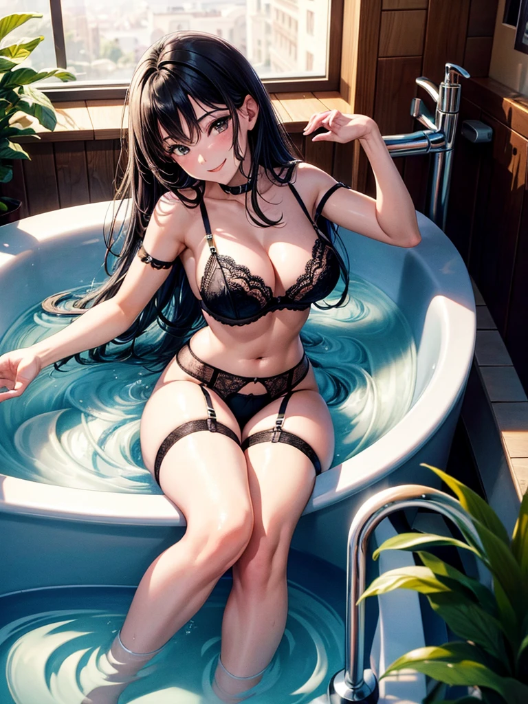 Highest Resolution,Highest quality,Smiling woman in lingerie taking a bubble bath,Black Hair,garter belt,