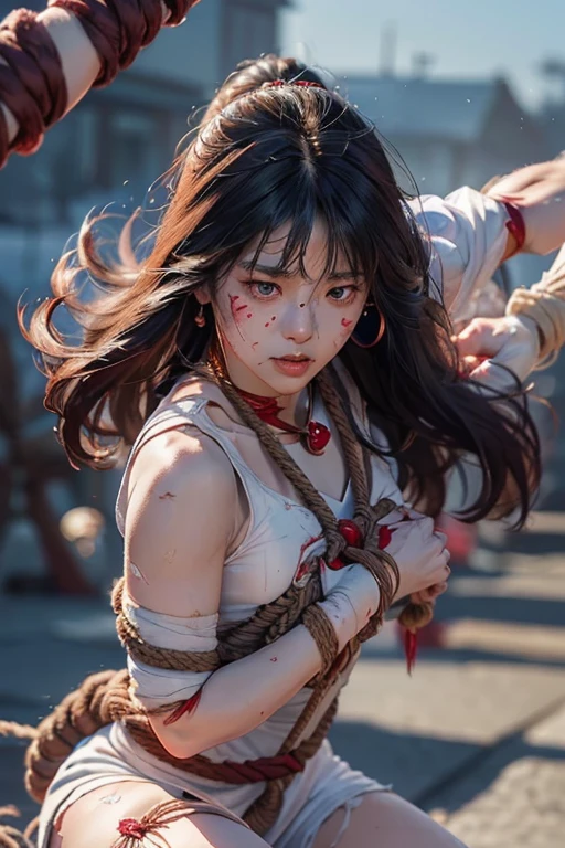 (Very detailed)、Detailed hands, Sailor Mars
,I'm injured、(((Crippling)))、(((Her costume is torn and her skin is showing)))、Bleeding、enduring pain、(((Hands tied)))、(((Under heavy enemy attack)))、(((Being tied up with rope)))、(((I&#39;ve been punched in the stomach)))、(((Color)))、(((I can&#39;t put any strength into it)))、The skirt flips up、alone、(((The colors of the motif are faithful)))、Fall to the floor