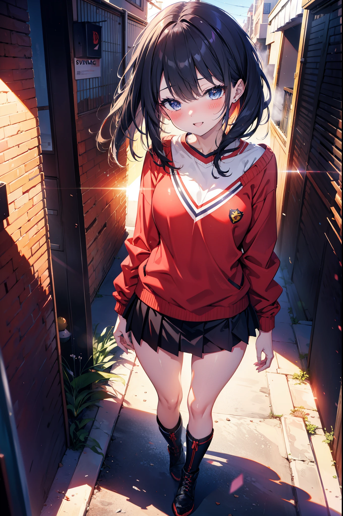Rikka body, Affluent backstreets, Black Hair, blue eyes, Long Hair, rist scrunchie,happy smile, smile, Open your mouth,blush,Oversized red one-shoulder sweater,mini skirt,short boots,Walking,So that the whole body goes into the illustration,morning,morning陽,The sun is rising,
Destroy outdoors, Building district,
壊す looking at viewer, Systemic
break (masterpiece:1.2), Highest quality, High resolution, unity 8k wallpaper, (figure:0.8), (Beautiful attention to detail:1.6), Highly detailed face, Perfect lighting, Highly detailed CG, (Perfect hands, Perfect Anatomy),