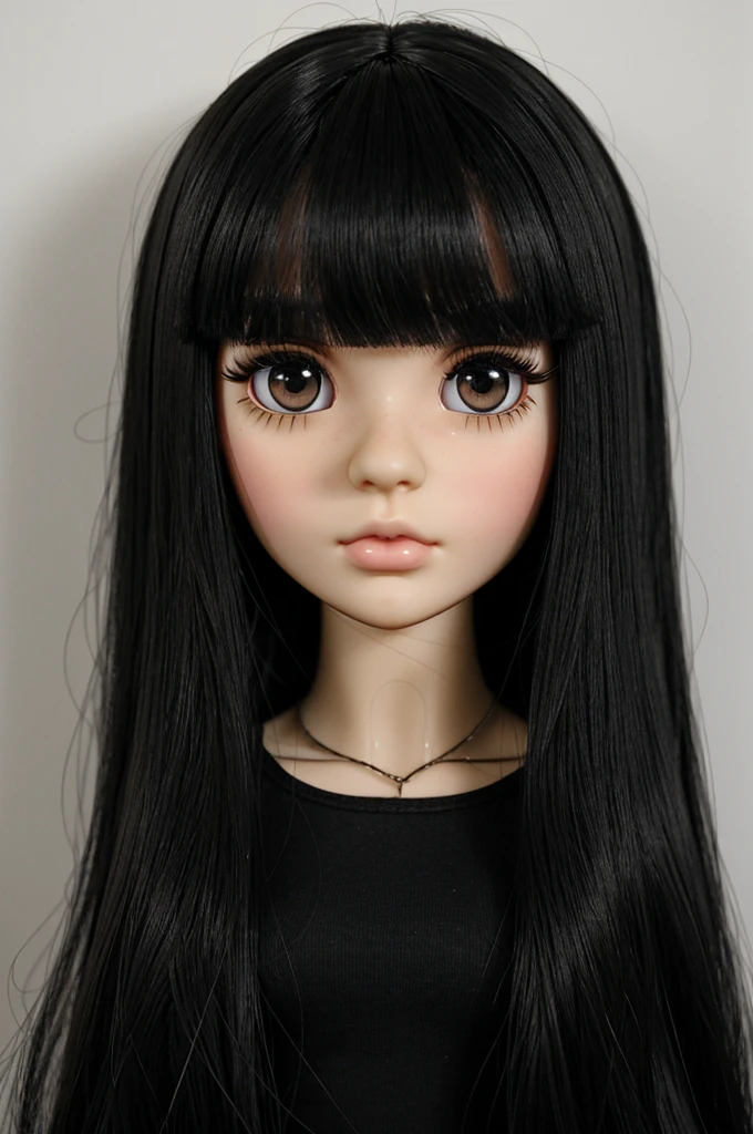 Make me a blythedoll with black hair, wide, Straight hair, short bangs, dark eyes, large eyes, straight black eyebrows, long eyelashes.