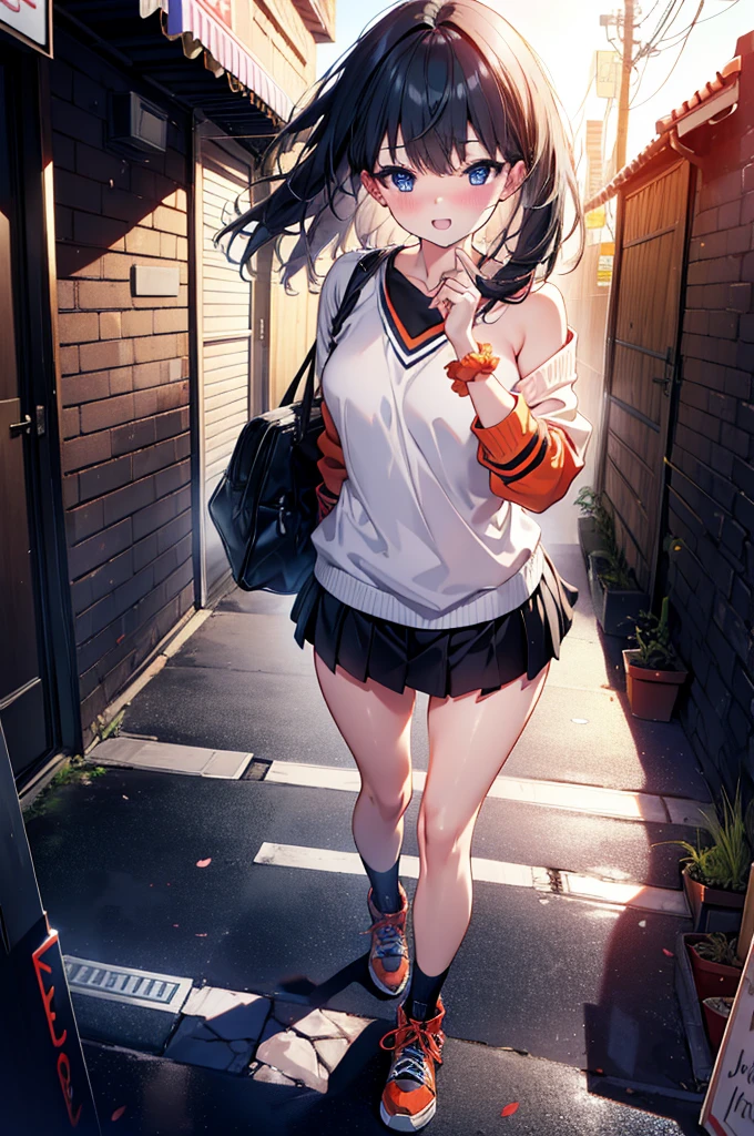 Rikka body, Affluent backstreets, Black Hair, blue eyes, Long Hair, rist scrunchie,happy smile, smile, Open your mouth,blush,Oversized red one-shoulder sweater,mini skirt,short boots,Walking,So that the whole body goes into the illustration,morning,morning陽,The sun is rising,
Destroy outdoors, Building district,
壊す looking at viewer, Systemic
break (masterpiece:1.2), Highest quality, High resolution, unity 8k wallpaper, (figure:0.8), (Beautiful attention to detail:1.6), Highly detailed face, Perfect lighting, Highly detailed CG, (Perfect hands, Perfect Anatomy),