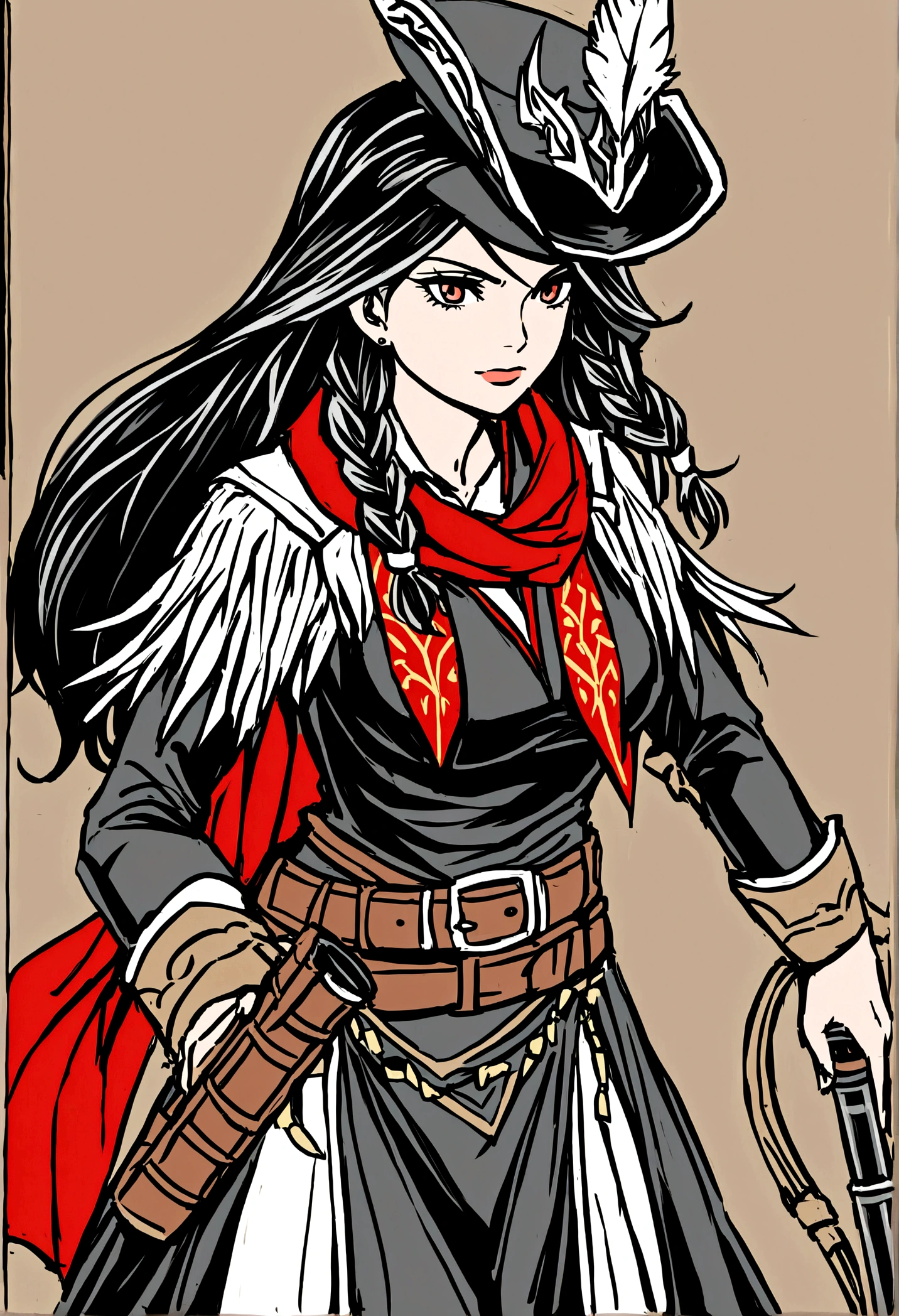 Imagine a female cangaceiro, tall and slender, with a piercing and determined gaze. Her black hair falls in long braids intertwined with colorful ribbons. She wears a leather hat adorned with bird feathers and a red scarf tied around her neck, symbolizing her leadership.
Her face bears scars from battles past, testament to her determination and courage. She carries an old rifle, which she handles with skill and precision. Her attire is a blend of sturdy leather and colorful fabrics, embroidered with traditional geometric designs from the Brazilian backlands.
Around her waist, a wide belt holds a bandolier filled with bullets, while her tough leather boots show the wear from many arduous journeys through the dry interior of Northeast Brazil. Her fighting style mixes sharpshooting techniques with hand-to-hand combat skills, making her a formidable opponent in any encounter.
She is accompanied by a loyal group of cangaceiros, men and women who share her determination to resist injustice and defend their way of life. Her presence commands both respect and fear among those who meet her, a leader whose courage and tenacity are legendary in the backlands.