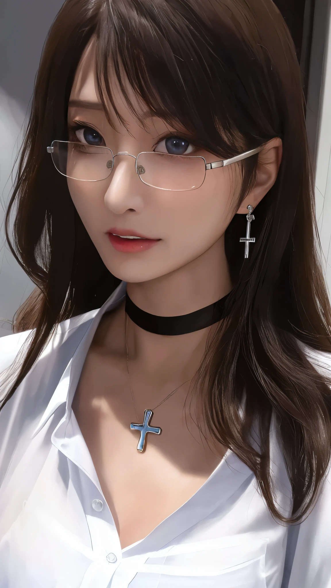 (masterpiece),(best quality),(ultra highres),(8k resolution),(realistic),(ultra detailed),(sharp focus),(RAW photo),
1girl,good hand,(long hair),(wavy hair),(hair over one eye),glasses,(choker),(cross necklace),(earrings),(sapphire eyes),(nearly torn white shirt:1.6),(ahegao),(blush:0.5), ((頭から足まで:1.5))
