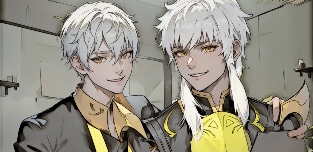 anime characters in a room with a laptop and a cell phone, Sirius A and Sirius B, hidari and vlop, petros and leonid, nixeu and sakimichan, two handsome anime men, with bright yellow eyes, handsome boys, jazza and rossdraws, highly detailed exquisite fanart, of frontline girls