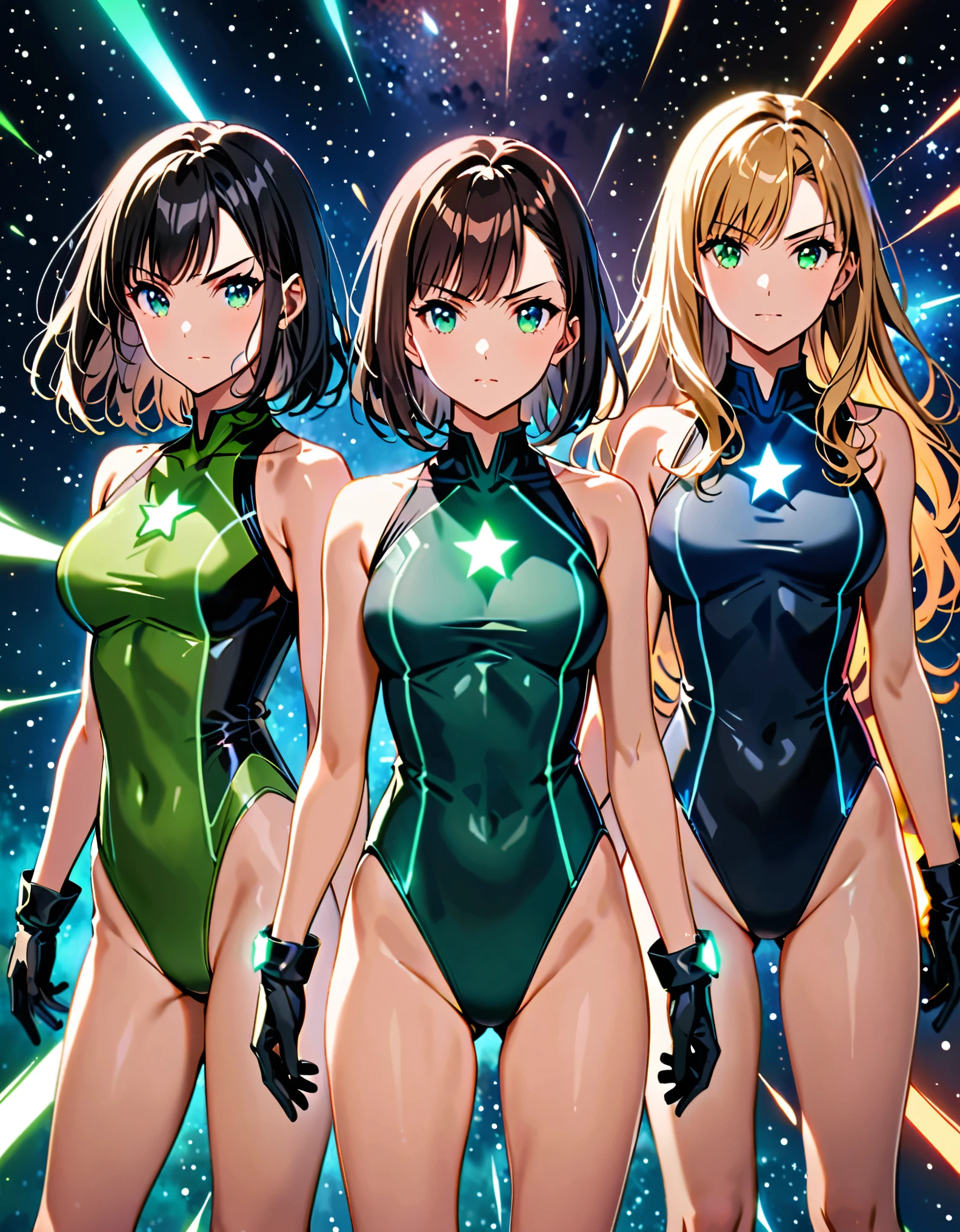 Create an image of ((three girls in sleeveless leotards, bare legs, and matching gloves and boots)). The first girl on the left and rear is a (blonde with long hair, bangs), and green eyes, wearing a (black leotard) with a (moon (symbol) on her chest). The second girl in the middle and front is a redhead with bob hair and blue eyes, wearing a (green leotard) with a (sun (symbol) on her chest). The third girl on the right and rear is a (black-haired brunette with medium hair, bangs), and hazel eyes, wearing a (blue leotard) with a (star (symbol) on her chest). All three girls are standing with legs apart and raised arms, each surrounded by a glowing aura. outer space backdrop, cowboy shot, serious. masterpiece, best quality, hires. diffraction spikes, light particles.