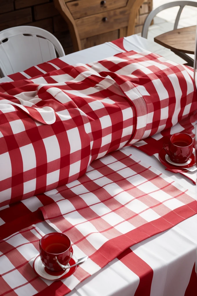 White and red checkered tablecloth in the sun