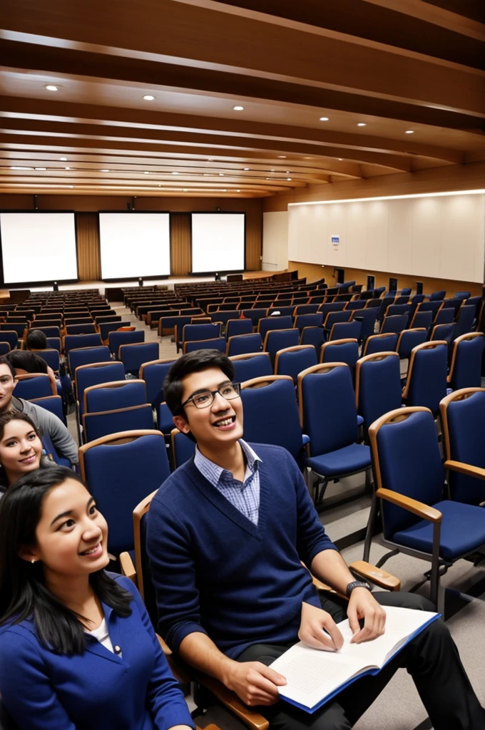 Professor communicates with students in a university auditorium