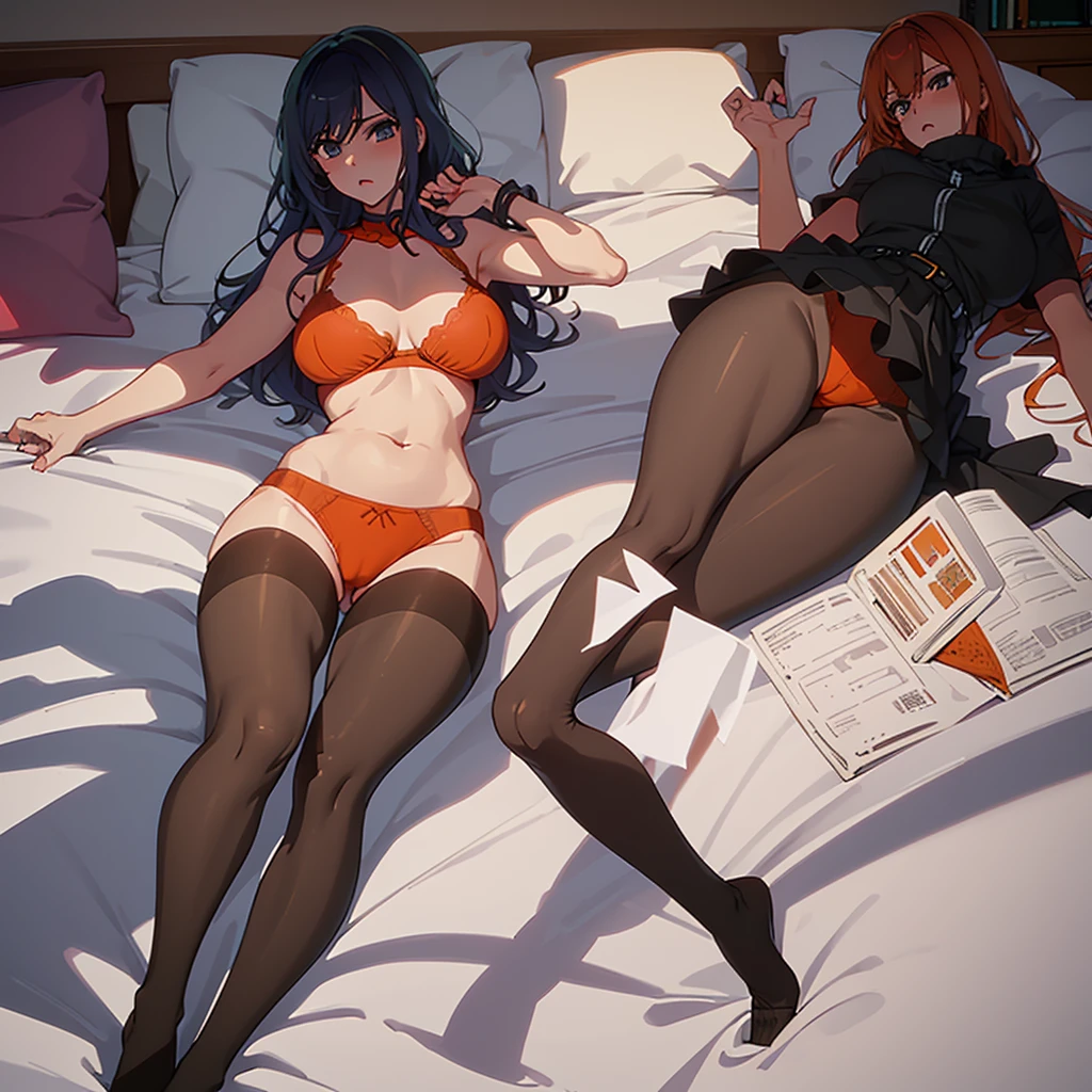 Only one girl, orange lingerie, slim waist, slim body, shaped belly, round chest, attractive girl, huge , body in good shape perfect body, large chest, perfect chest, large hips, perfect hips, big ass, perfect ass, on bed, thick thighs, thick pantyhose, drooling and horny