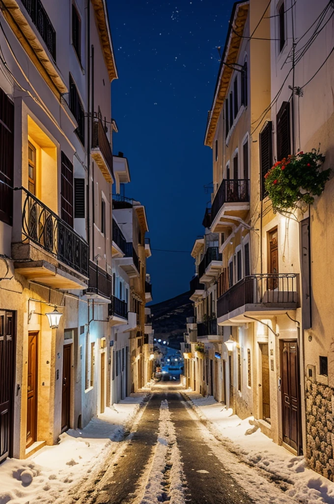 Photo of Greece at night with snow and clean streets 