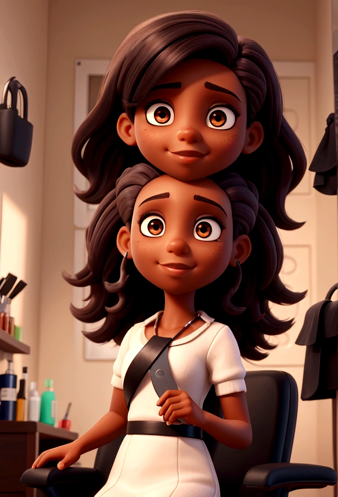 A dark-skinned, dark-haired hairdresser showing her hair cutting scissors