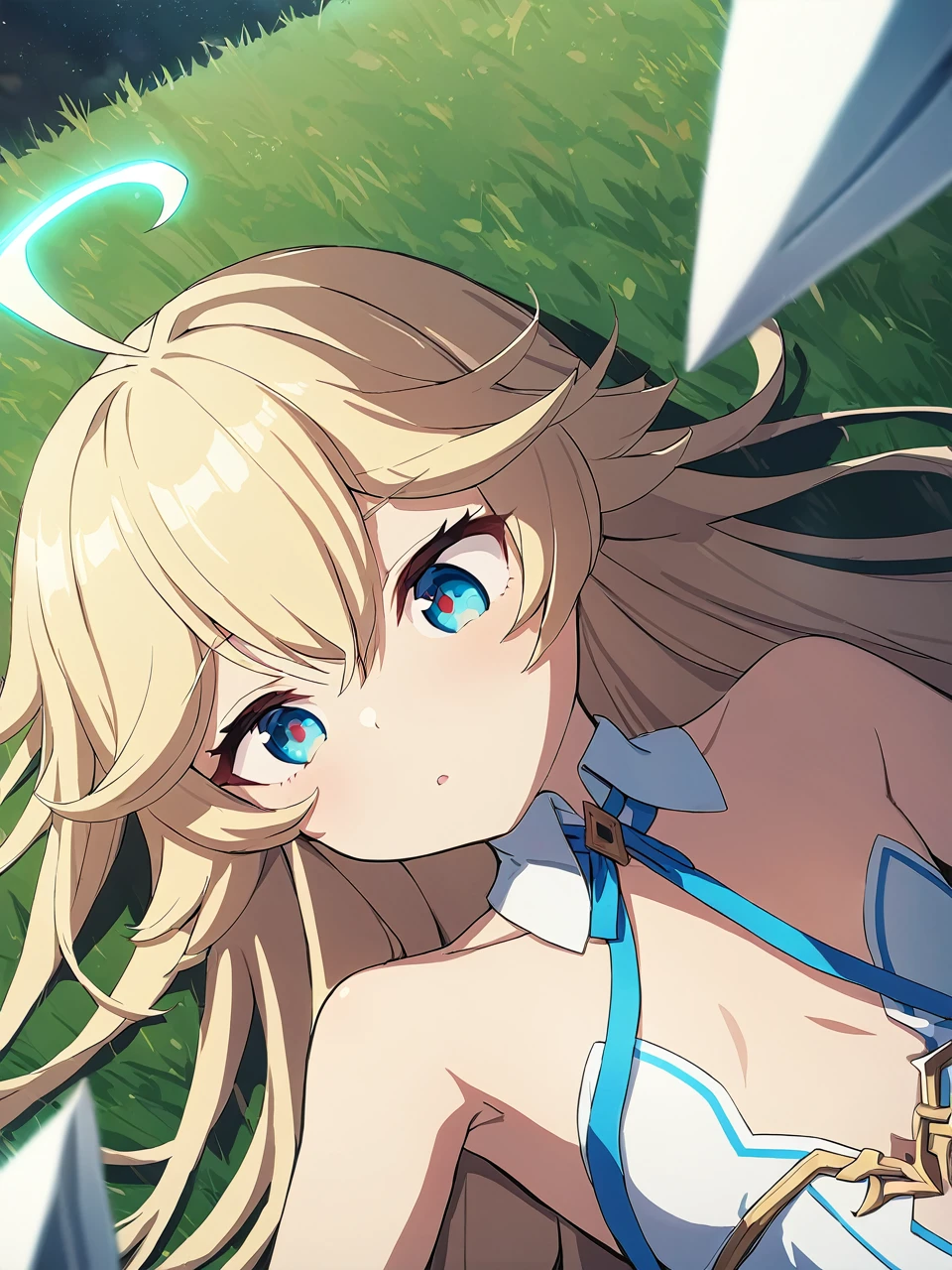 Zaora, blue eyes, (Variegated eyes:0.5), Blonde, Very long hair, Twin Blade, bangs, Ahoge, Hello, Angel, Flat Chest, White Dress, Belly button cutout, Detachable collar, Strapless, Neck ribbon, Bare shoulders, Angel wings, barefoot, One girl, Solo Break Space, grassland, Lying down, Upper Body, Depth of written boundary, Cinematic, masterpiece, Highest quality, Game CG
