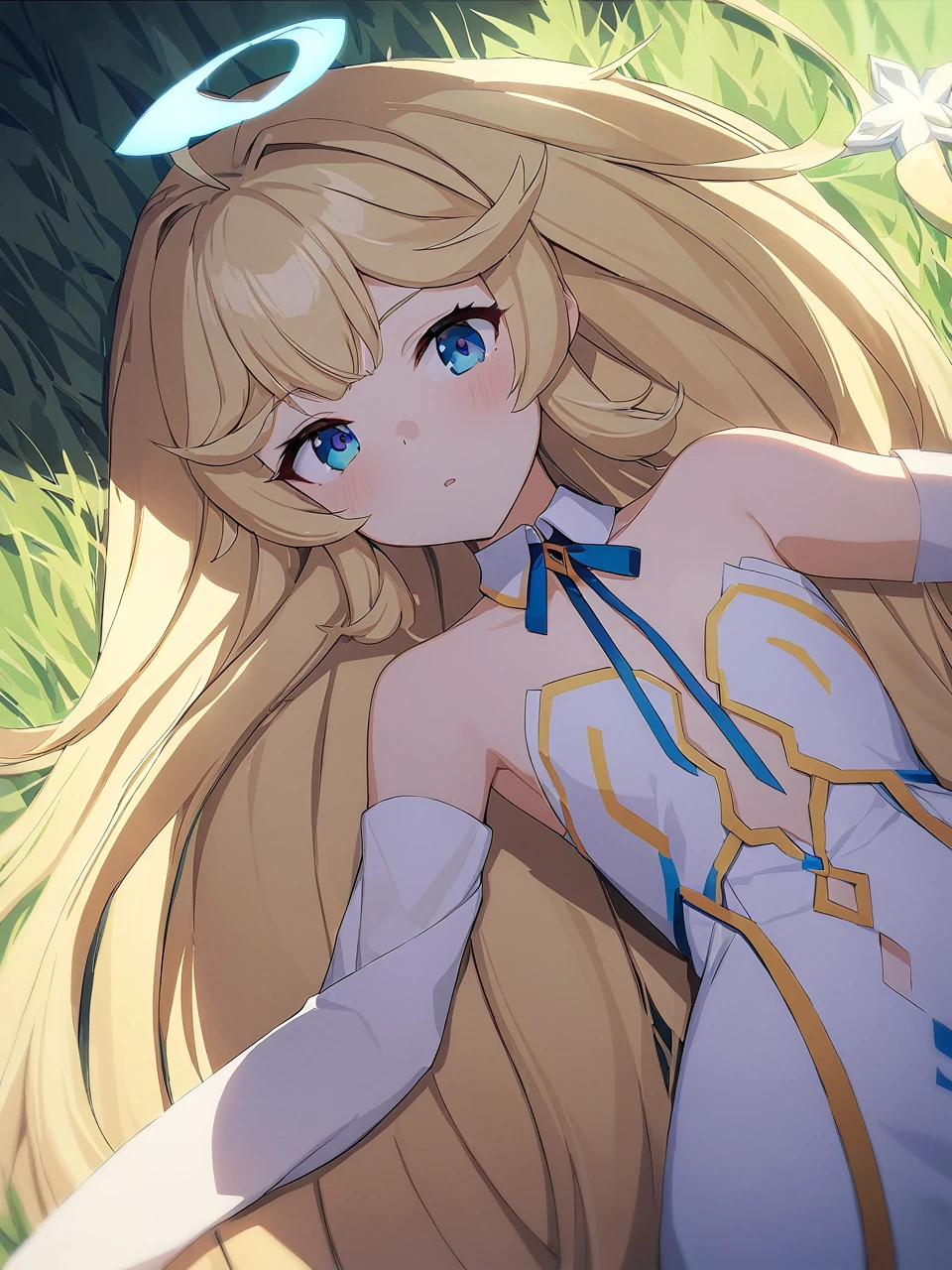 Zaora, blue eyes, (Variegated eyes:0.5), Blonde, Very long hair, Twin Blade, bangs, Ahoge, Hello, Angel, Flat Chest, White Dress, Belly button cutout, Detachable collar, Strapless, Neck ribbon, Bare shoulders, Angel wings, barefoot, One girl, Solo Break Space, grassland, Lying down, Upper Body, Depth of written boundary, Cinematic, masterpiece, Highest quality, Game CG