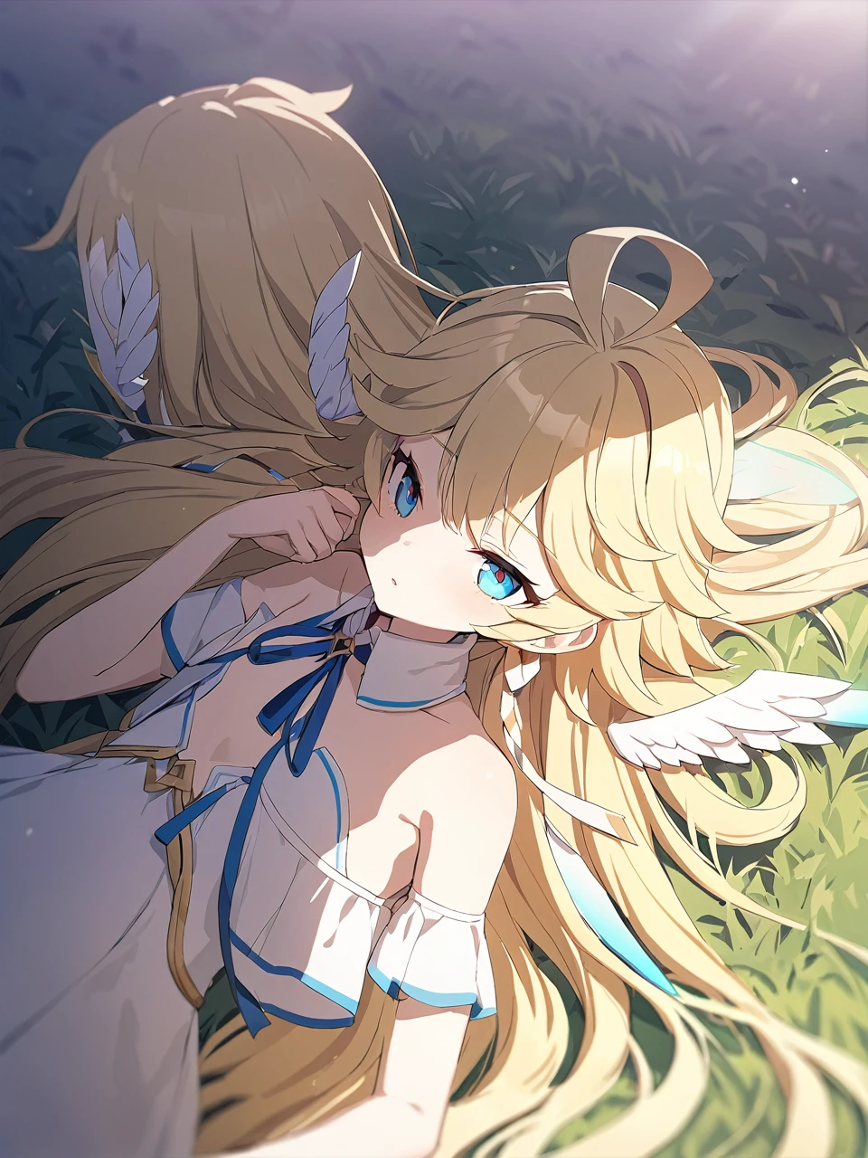 Zaora, blue eyes, (Variegated eyes:0.5), Blonde, Very long hair, Twin Blade, bangs, Ahoge, Hello, Angel, Flat Chest, White Dress, Belly button cutout, Detachable collar, Strapless, Neck ribbon, Bare shoulders, Angel wings, barefoot, One girl, Solo Break Space, grassland, Lying down, Upper Body, Depth of written boundary, Cinematic, masterpiece, Highest quality, Game CG