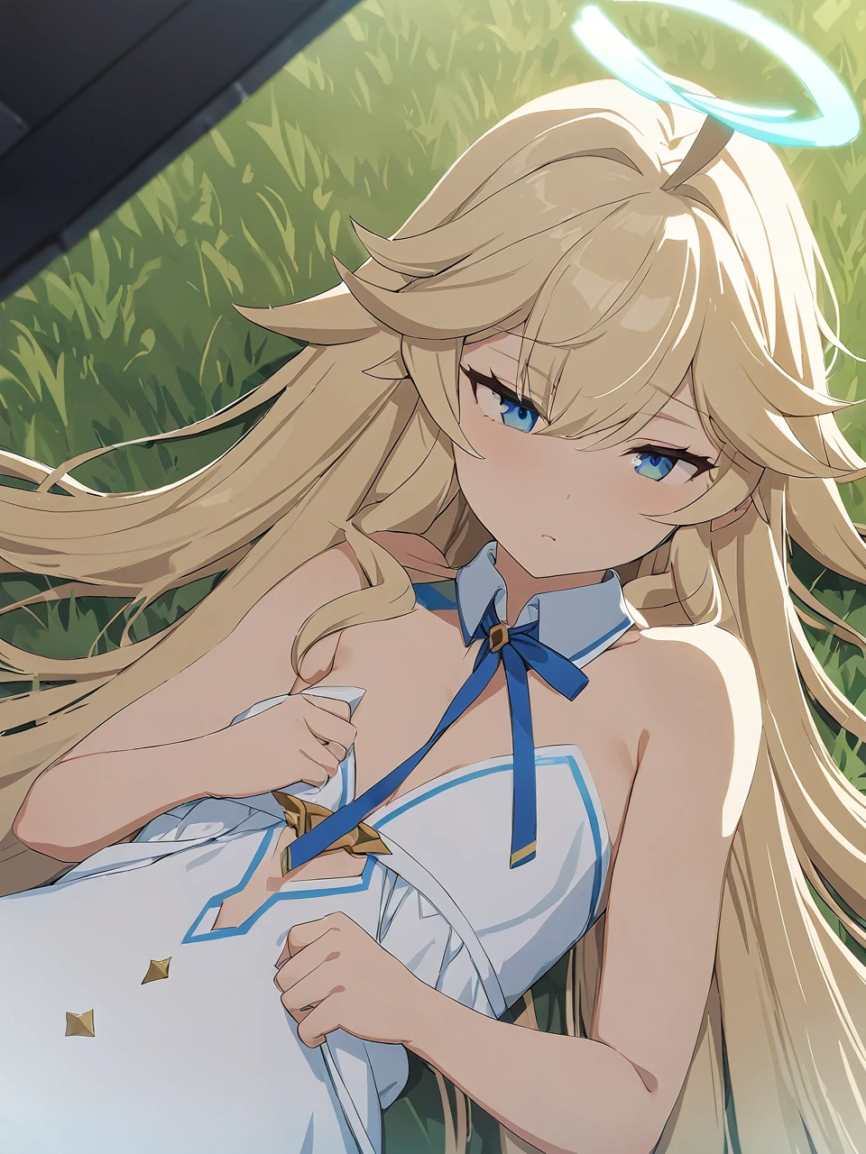 Zaora, blue eyes, (Variegated eyes:0.5), Blonde, Very long hair, Twin Blade, bangs, Ahoge, Hello, Angel, Flat Chest, White Dress, Belly button cutout, Detachable collar, Strapless, Neck ribbon, Bare shoulders, Angel wings, barefoot, One girl, Solo Break Space, grassland, Lying down, Upper Body, Depth of written boundary, Cinematic, masterpiece, Highest quality, Game CG
