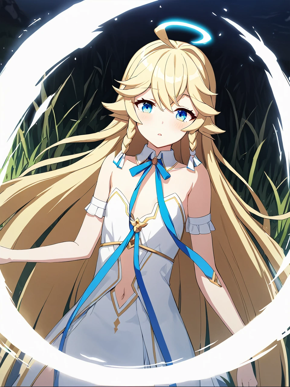 Zaora, blue eyes, (Variegated eyes:0.5), Blonde, Very long hair, Twin Blade, bangs, Ahoge, Hello, Angel, Flat Chest, White Dress, Belly button cutout, Detachable collar, Strapless, Neck ribbon, Bare shoulders, Angel wings, barefoot, One girl, Solo Break Space, grassland, Lying down, Upper Body, Depth of written boundary, Cinematic, masterpiece, Highest quality, Game CG