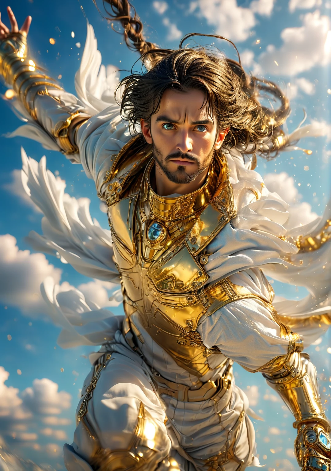 Photography of Jesus Christ, stare straight ahead ((best qualityer, 8K, Masterpiece artwork: 1.2)), Ultra-realistic graphics, color photography, sharp focus, sky background and colors, gold plated, fully body, pious look, Highly detailed facial and skin texture, detailedeyes, direct eye contact, Super-resolution, Megapixels, ProFoto RGB, ultra HD, angelic background, coberto de ouro