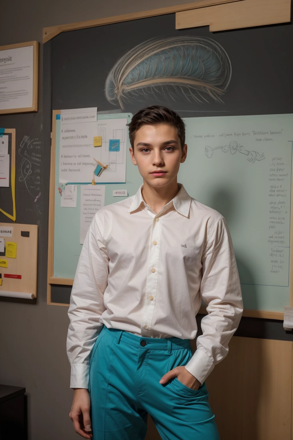 A beautiful young male twink, cute, with black hair and a face with makeup, wearing a bright white long-sleeved shirt and aqua blue pants, and he is in his office, and behind him is a blackboard on which is written the shape of the brain and its anatomy, and nuclear energy comes out of it, and he has a face with makeup and cheeks Red.
