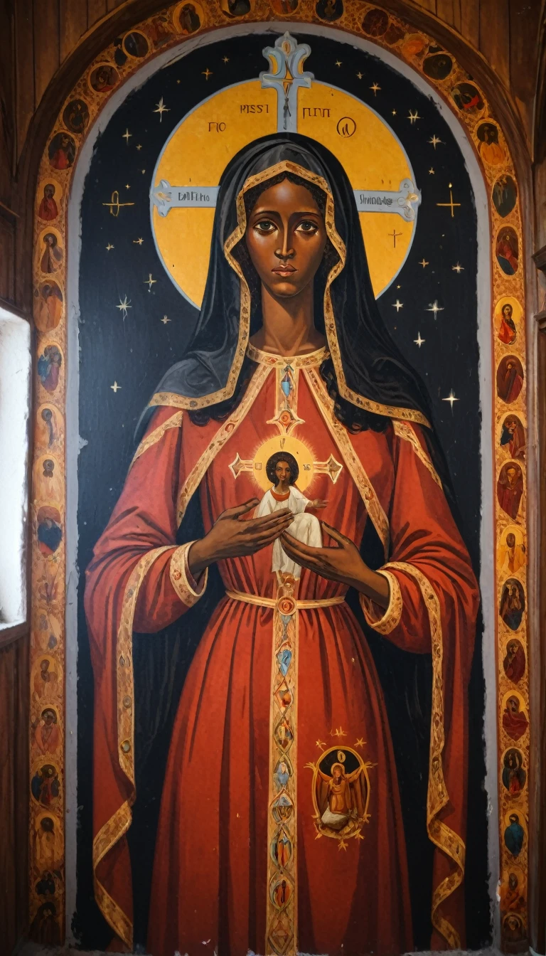 black priestess mary magdalene, Orthodox painted on the interior wall of a Rortch church, elements of astrology
