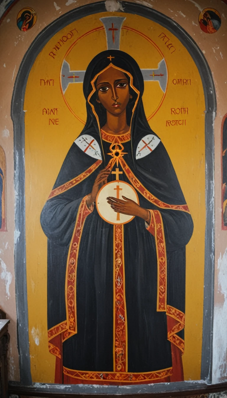 black priestess mary magdalene, Orthodox painted on the interior wall of a Rortch church, elements of astrology
