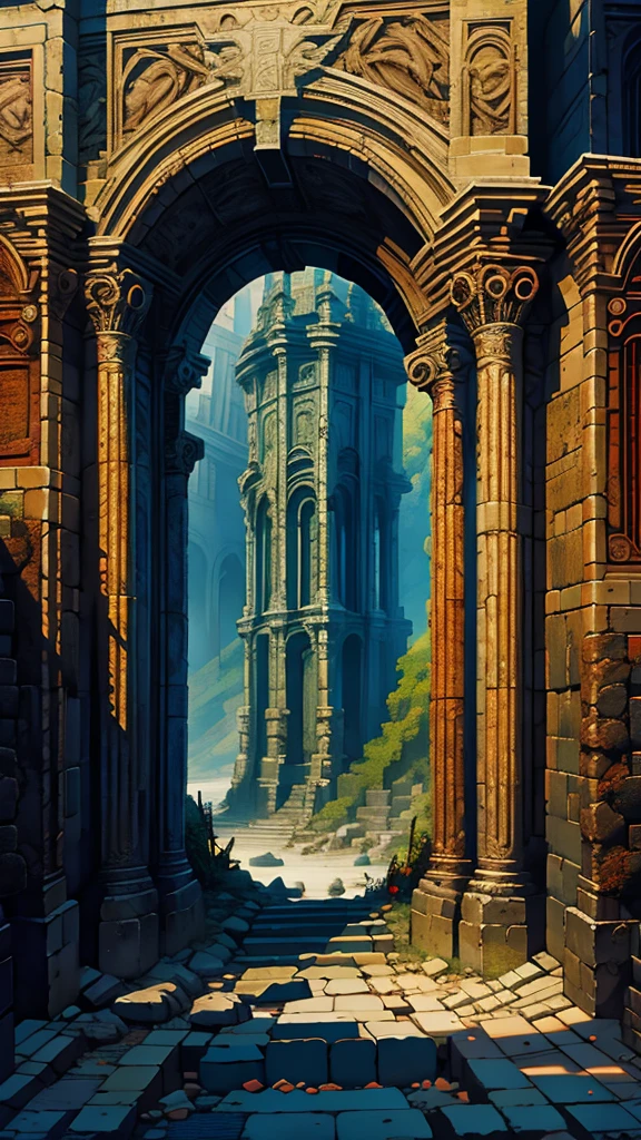 low fantasy style, background, a Roman triumphal arch that is a gate to hell, concept art, 