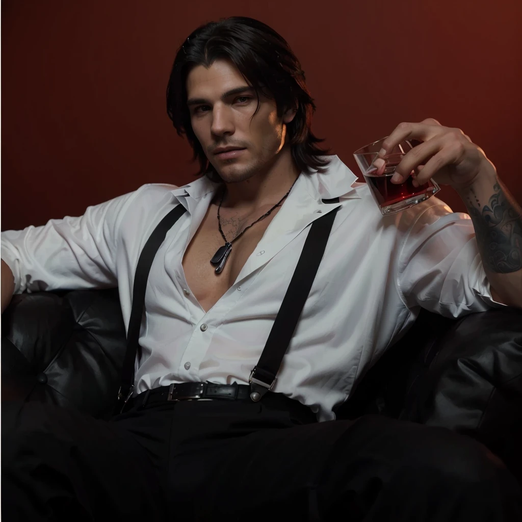 a black and white photo of a man sitting on a couch holding a glass, handsome guy in demon slayer art, sylas, handsome male vampire, epic and classy portrait, male vampire, commission for high res, jesse mccree, jacen solo, male art, artstation mans aesthetic, style of charlie bowater, as a character in tekken, neo noir style, (8k, best quality, masterpiece:1.2), (realistic, photo-realistic:1.2), cabelo médio