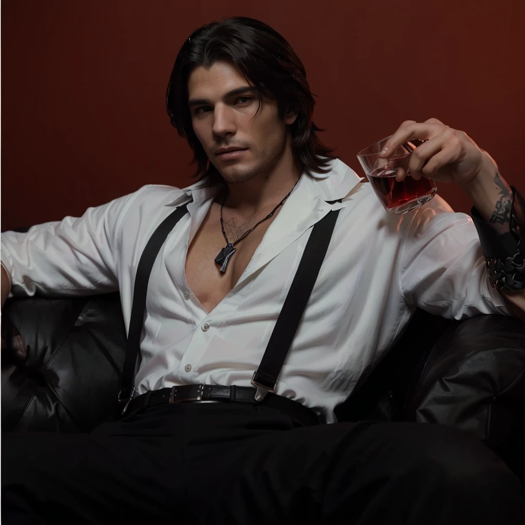 a black and white photo of a man sitting on a couch holding a glass, handsome guy in demon slayer art, sylas, handsome male vampire, epic and classy portrait, male vampire, commission for high res, jesse mccree, jacen solo, male art, artstation mans aesthetic, style of charlie bowater, as a character in tekken, neo noir style, (8k, best quality, masterpiece:1.2), (realistic, photo-realistic:1.2), cabelo médio
